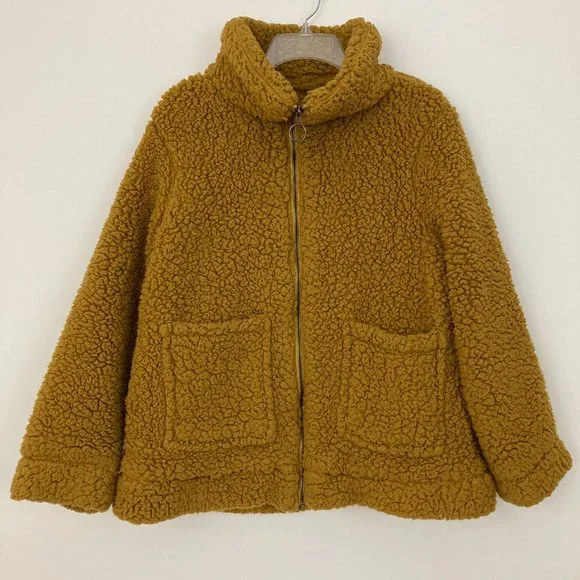 Madden Teddy Bear Jacket Size L Mustard Full Zip Pockets Lined Long Sleeve - Picture 4 of 13